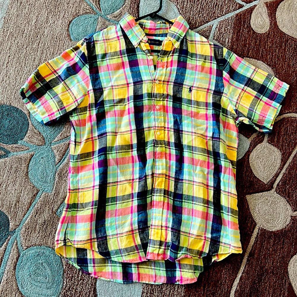 Ralph Lauren Colorful Short Sleeve Button Down Shirt Large. 100 percent linen